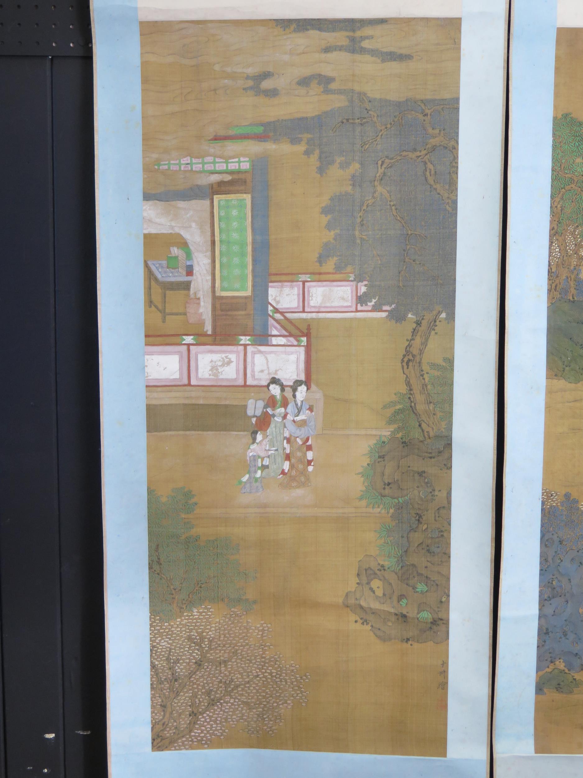 A pair of late 19th century Chinese scroll work pictures, depicting figures in a pagoda landscape, - Image 3 of 6