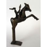 West African Bronze Figure of a Man on a Rearing Horse, 22cm long