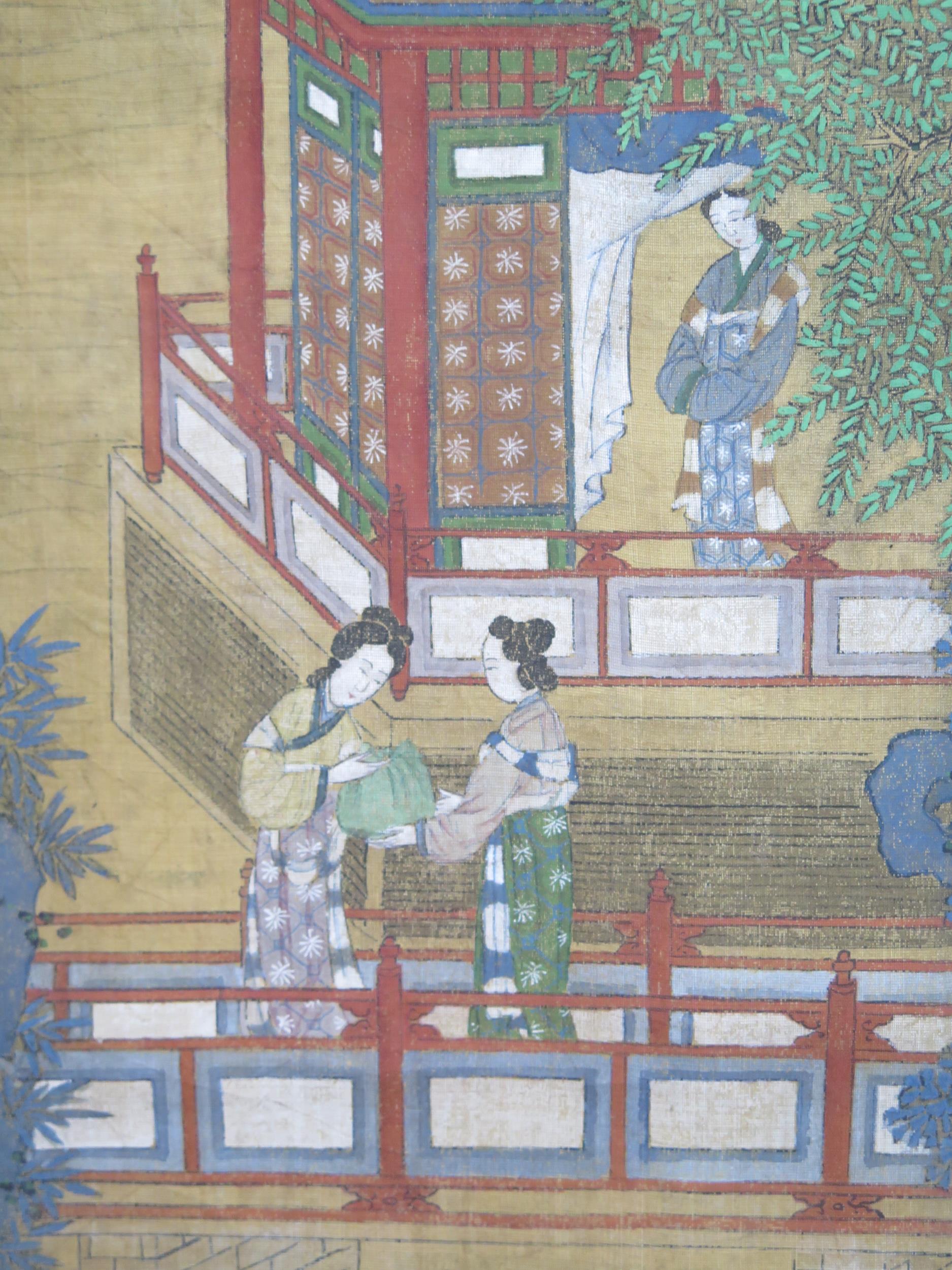 A pair of late 19th century Chinese scroll work pictures, depicting figures in a pagoda landscape, - Image 5 of 6