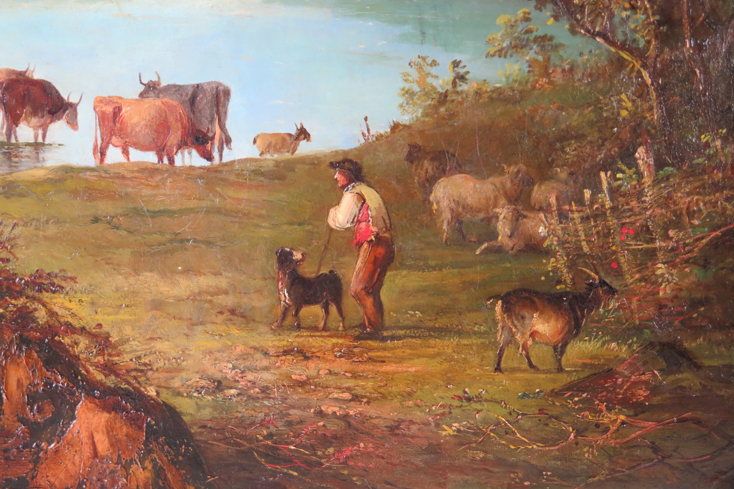 19th Century English School, Pastoral herding scene, oil on canvas, unsigned, 78x68cm including - Image 3 of 9