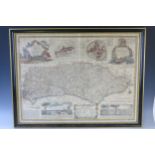 After Eman Bowen, a 19th century hand coloured map of the County of Sussex, 53 x73 framed and glazed