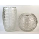 A large clear glass vase of ovoid form, with banded stellar, palmette and hobnail decoration, 30cm