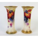 Pair of Royal Worcester Trumpet Vases, decorated with blackberries, signed K. Blake, puce mark 1937,