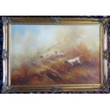 C20th Oil on Canvas of a Hunting Scene depicting Dogs and Fowl, 90 x 59 (excl. frame)