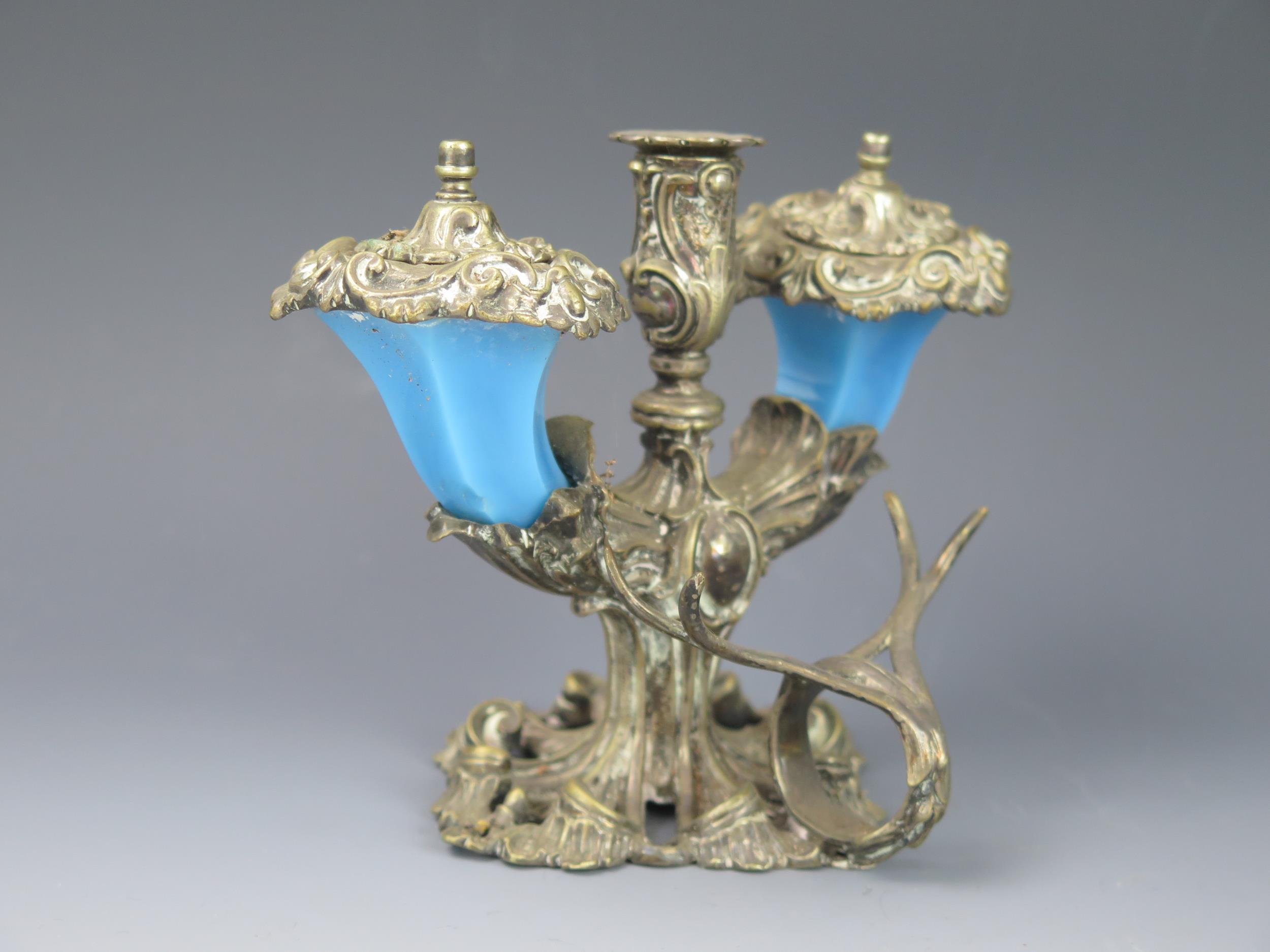 A late 19th century inkstand of floral design, with central taperstick flanked by two blue glass - Image 2 of 2