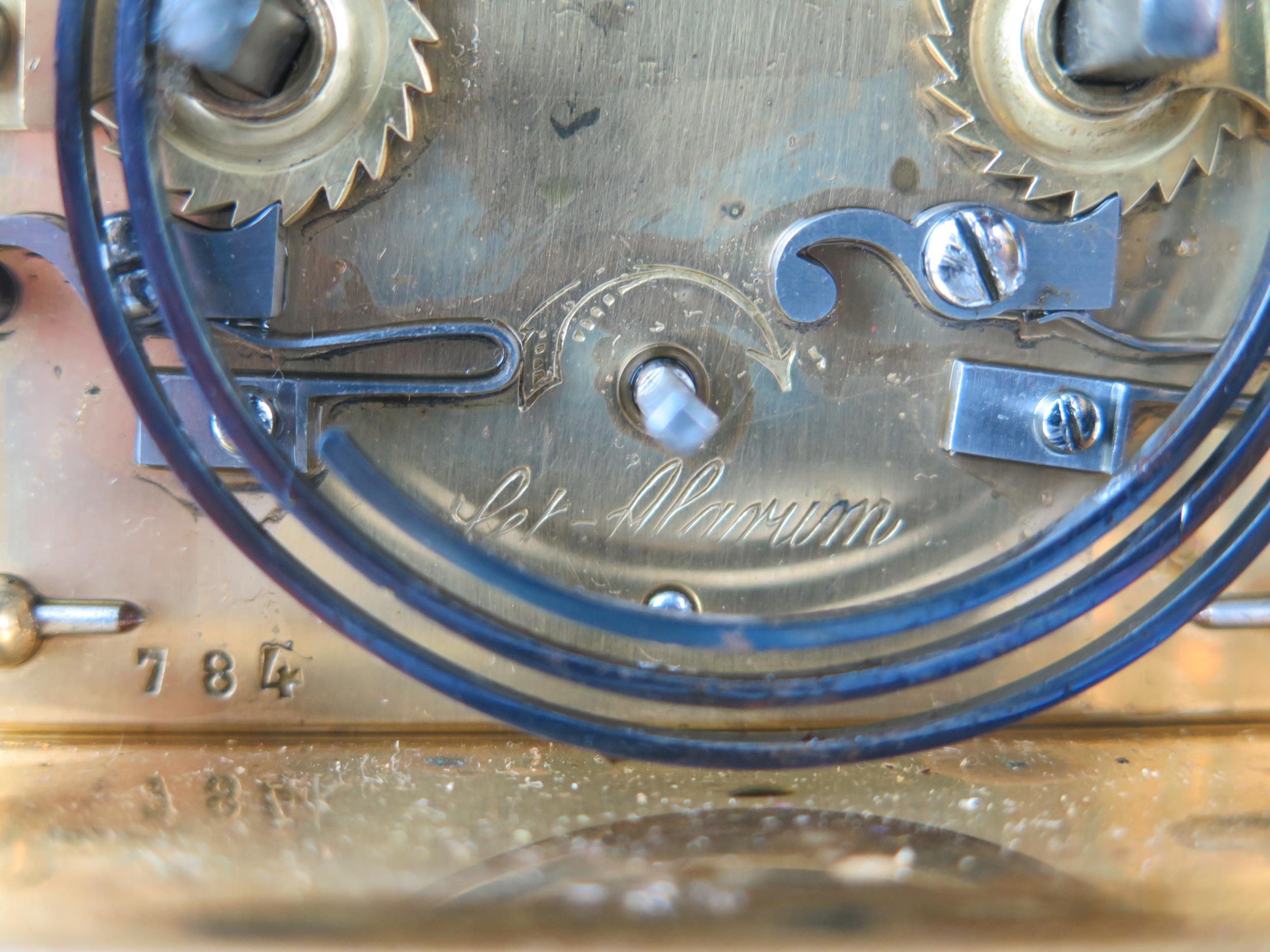 A late 19th century French brass carriage clock, with 8cm Roman dial with subsidiary alarm dial, the - Image 6 of 6