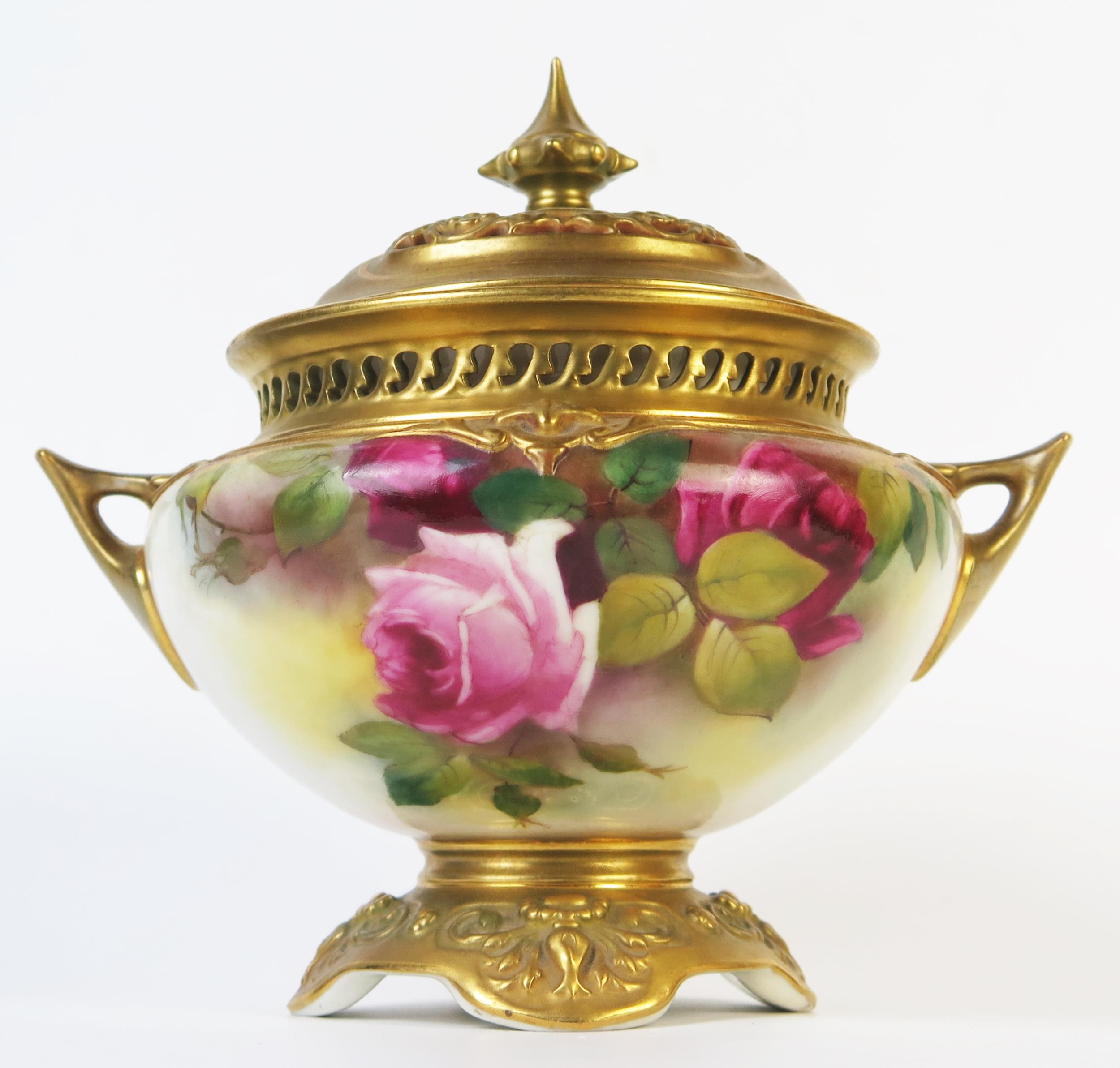 Royal Worcester Potpourri Vase and Cover, the matt gilt cover above a compressed two handled vase