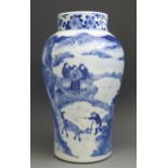 A 19th century Chinese vase of ovoid form with blue and white decoration of figures seated in a