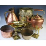 A copper and brass harvest jug, a copper kettle, two brass jardinière and other metal wares.