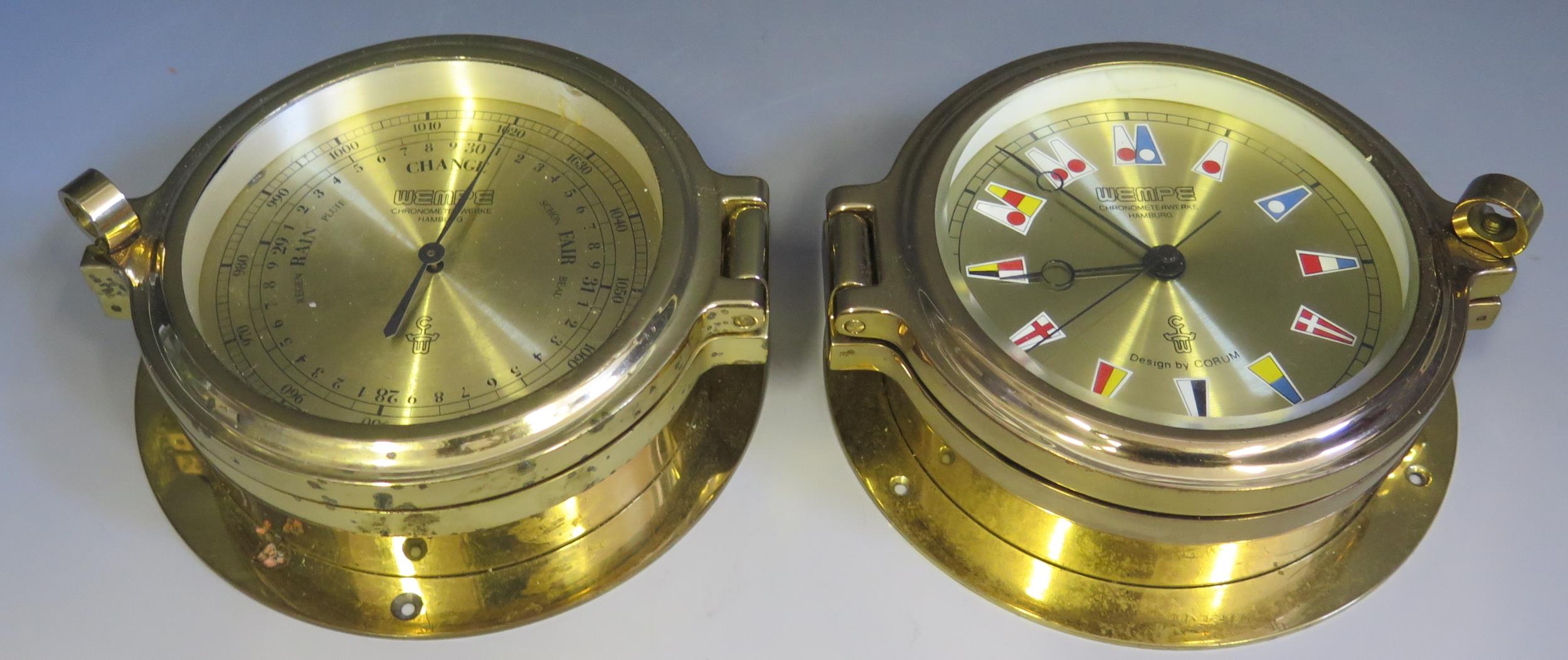 Wempe, Hamburg, a brass cased bulkhead timepiece, with 10cm brass pennant dial, 14cm diameter,