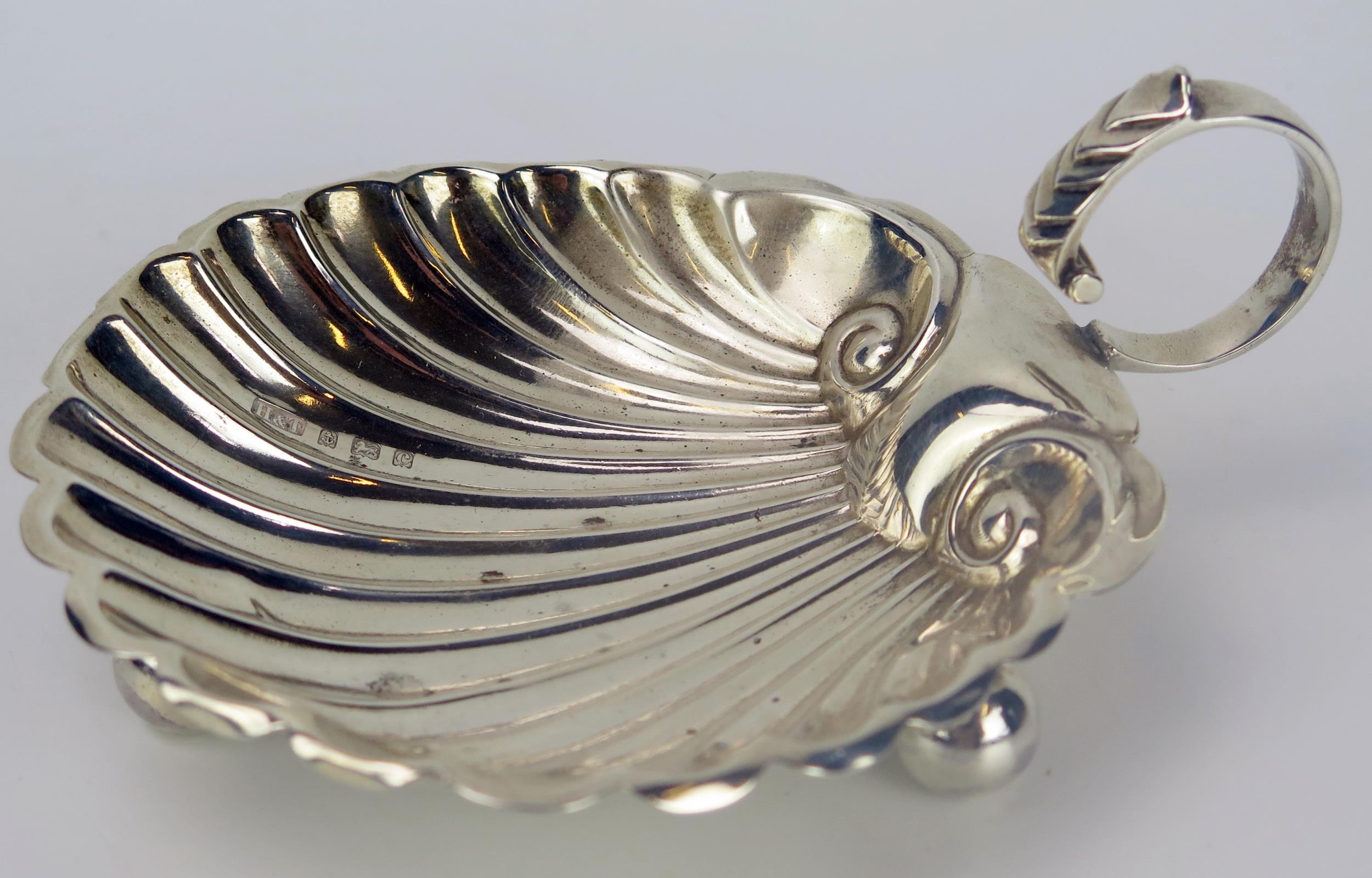 Edward VII Silver Scallop Shaped Dish with c-scroll handle, Birmingham 1902, Hilliard & Thomason,