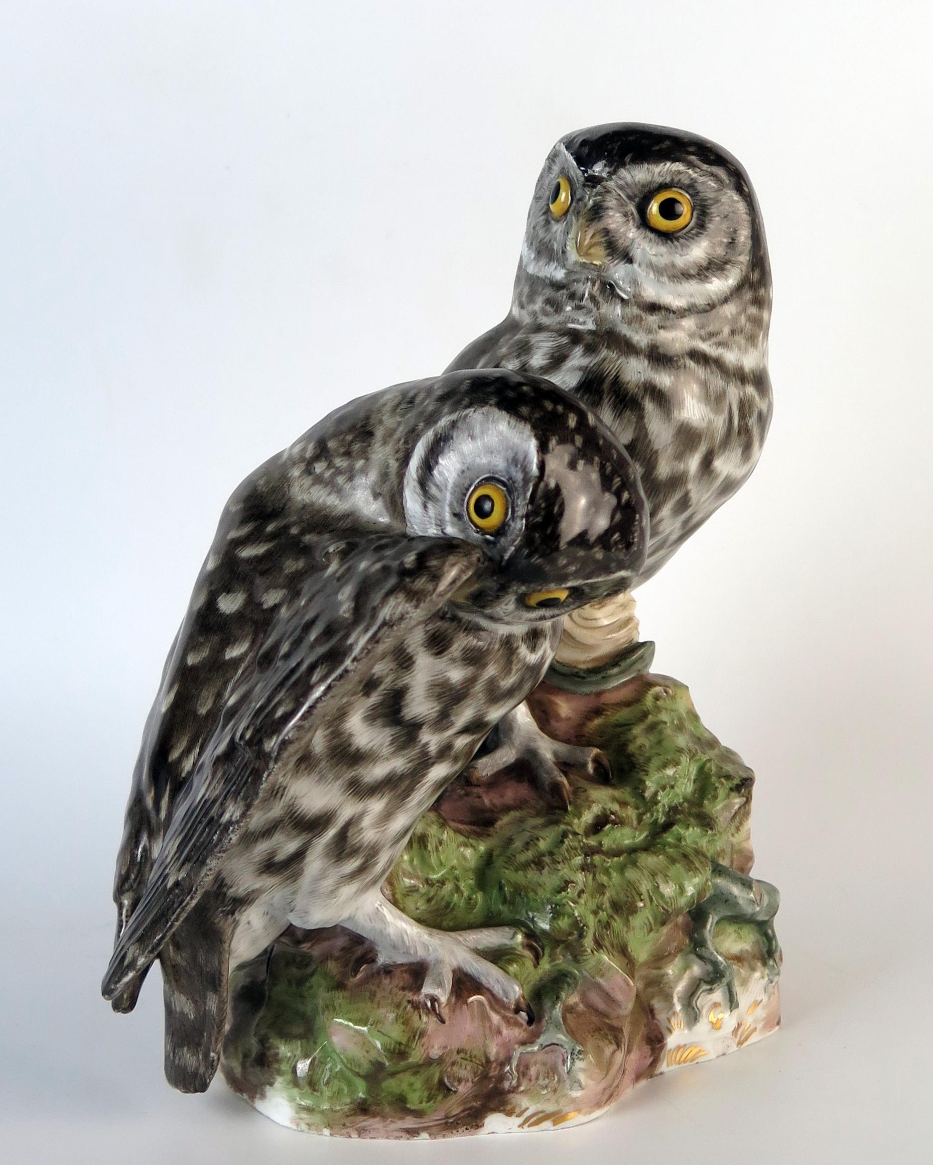 Late 19th Century Meissen Bird Group modelled as a pair of owlets sitting on a rocky outcrop, blue - Image 2 of 4