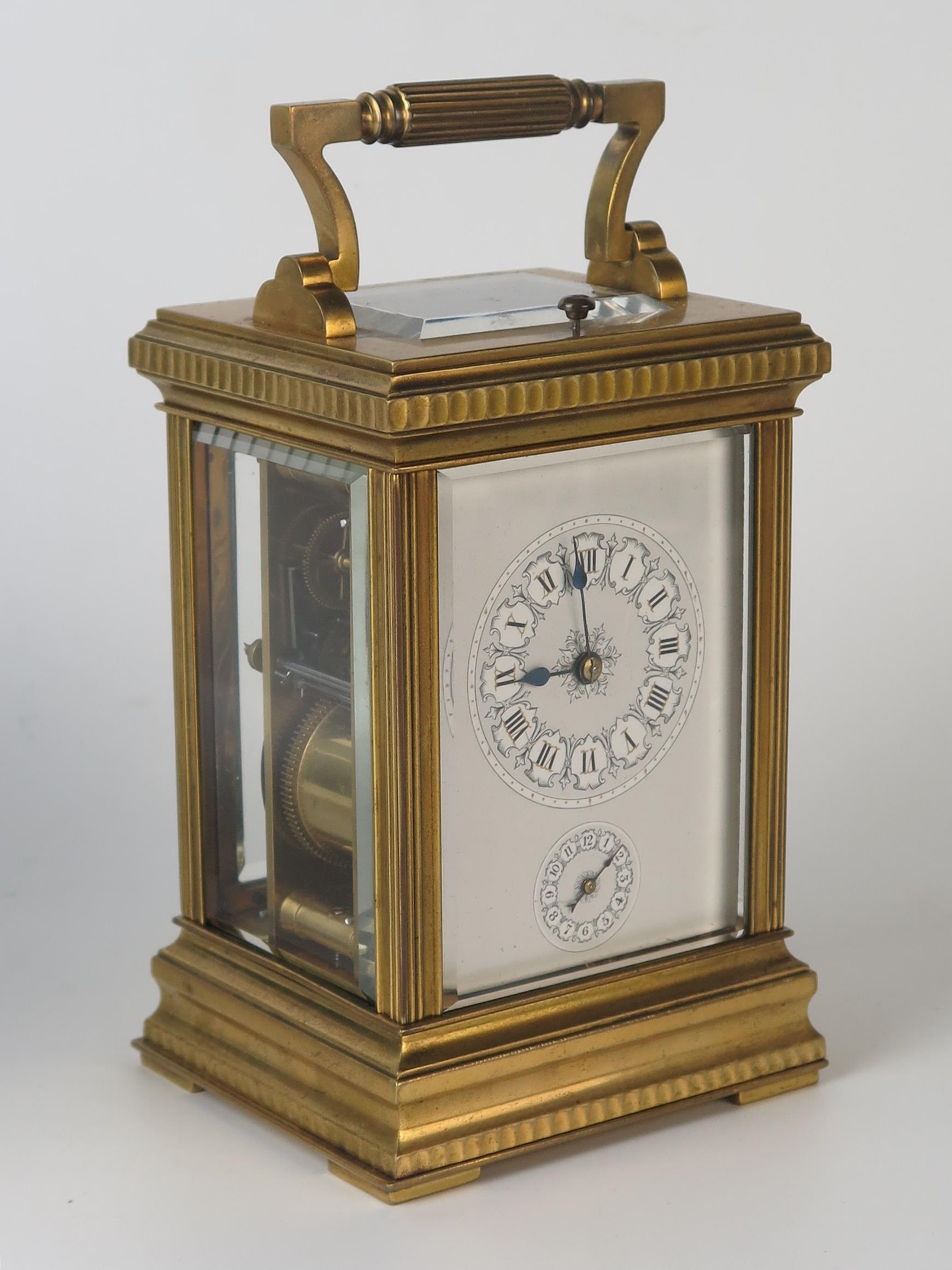 A late 19th century French brass carriage clock, with 8cm Roman dial with subsidiary alarm dial, the - Image 2 of 6