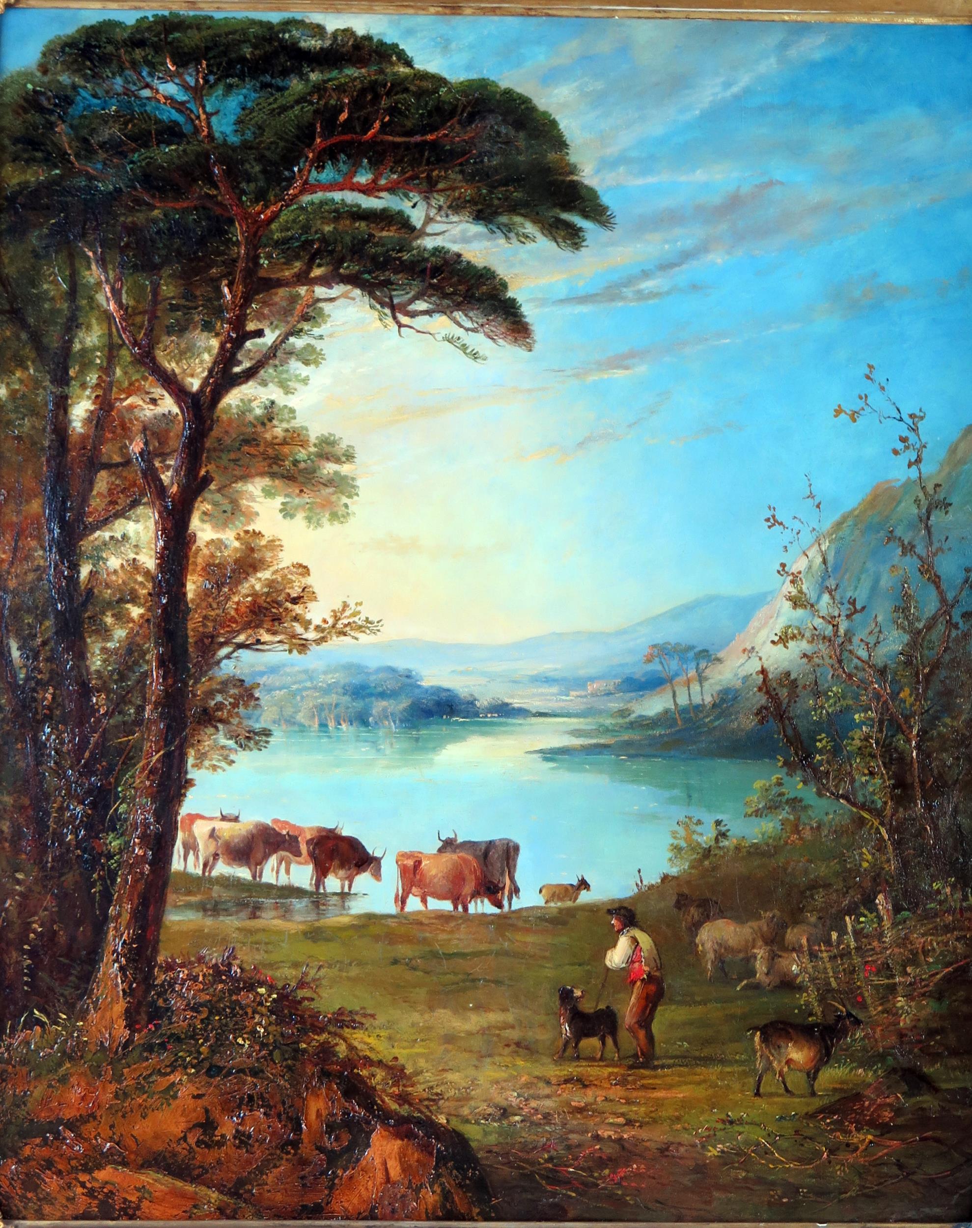 19th Century English School, Pastoral herding scene, oil on canvas, unsigned, 78x68cm including - Image 2 of 9