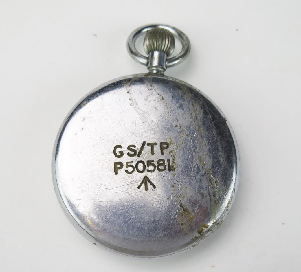 A Jaeger-LeCoultre stainless steel open faced army pocket watch, with 4.5cm Arabic dial and - Image 2 of 2