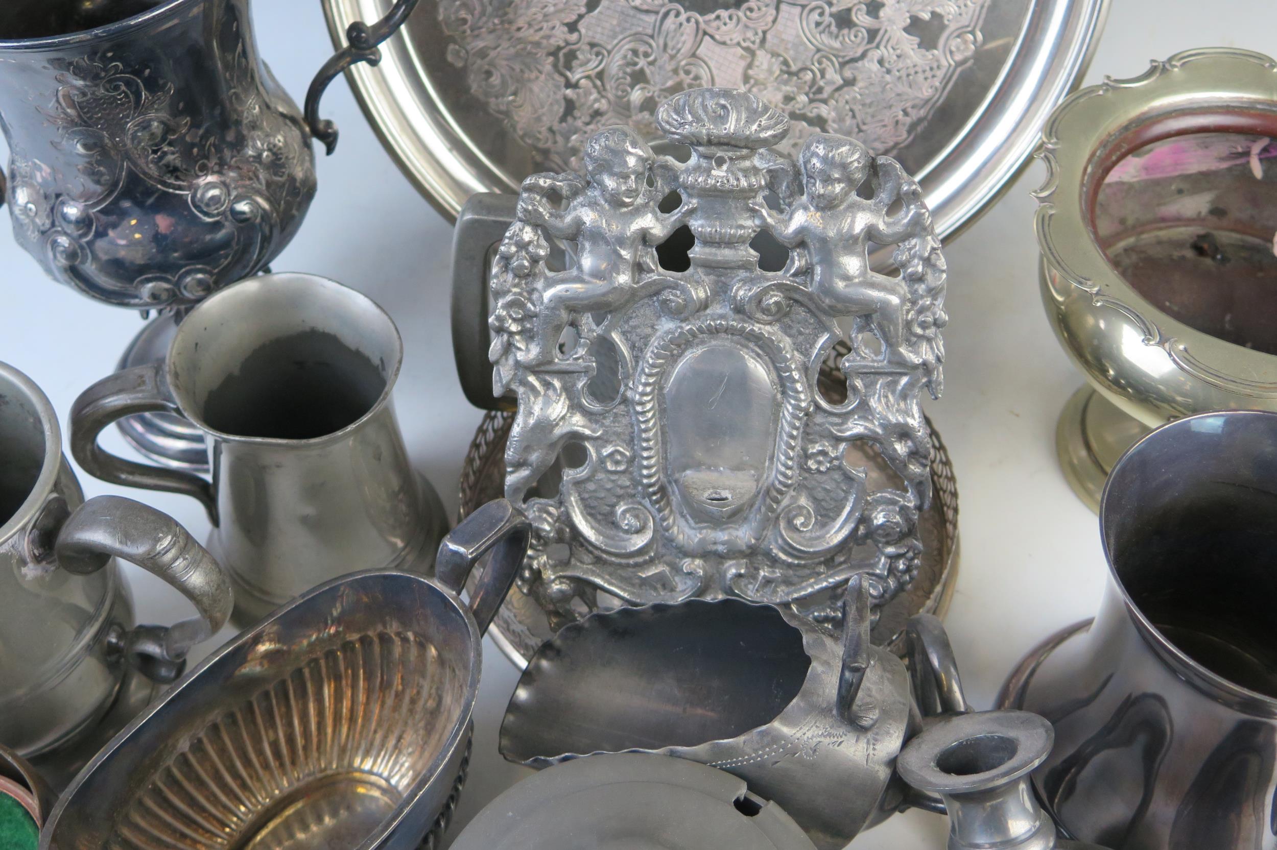 A collection of assorted plated and pewter wares including; trophy cup, salver, sugar basin, mugs - Image 3 of 3