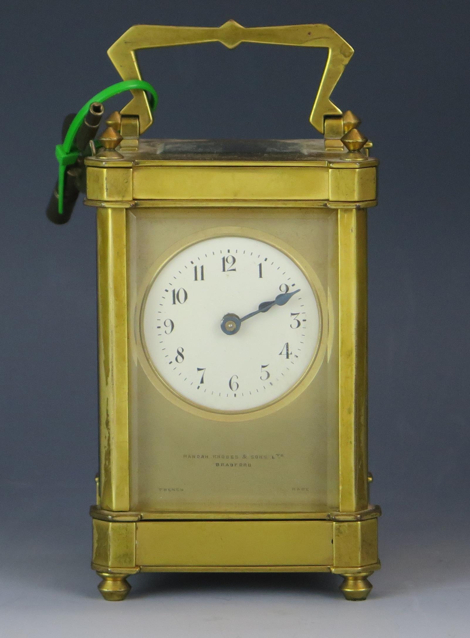 19th Century French Brass Carriage Clock retailed by Manoah Rhodes & Sons Ltd., Bradford, 15cm. - Image 2 of 2