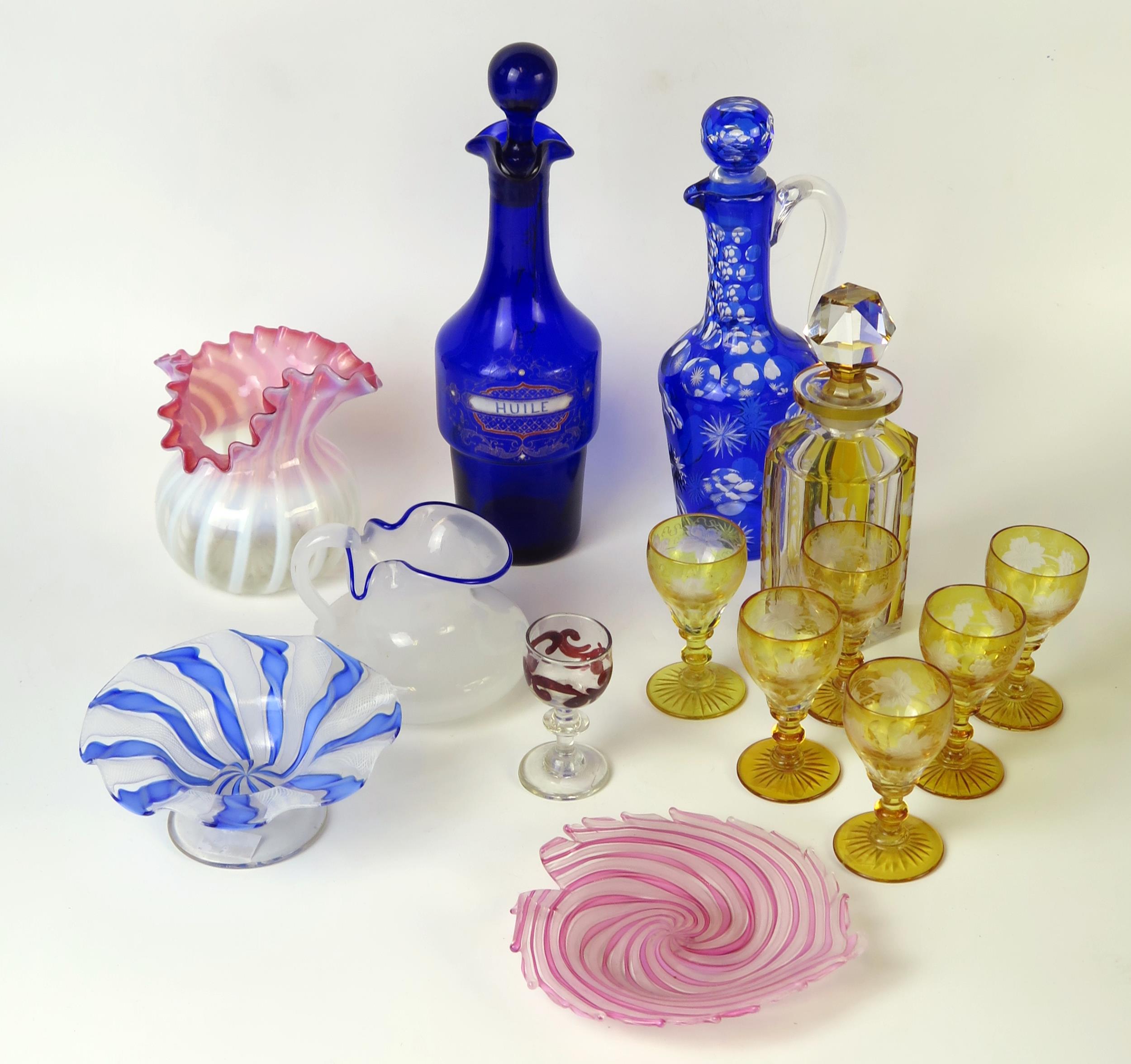 Small Collection of late 19th Century Coloured Glass including a set of six yellow overlaid liquor