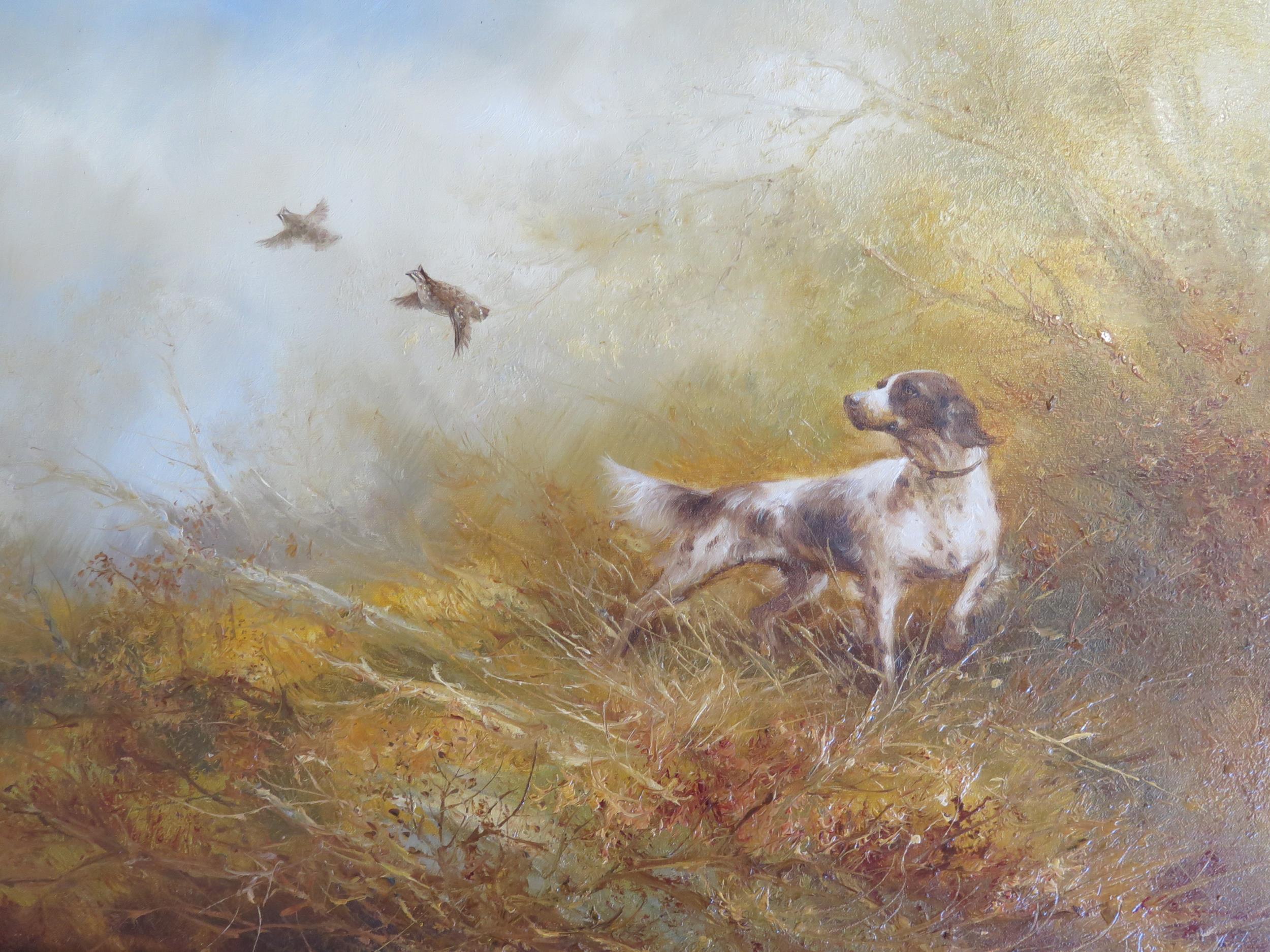 C20th Oil on Canvas of a Hunting scene depicting a spaniel chasing out fowl, 75 x 50cm (excl. - Image 2 of 3