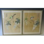 A pair of mid 20th Century Chinese painting on silk, of birds, Hong Kong, 37.5x30cm.