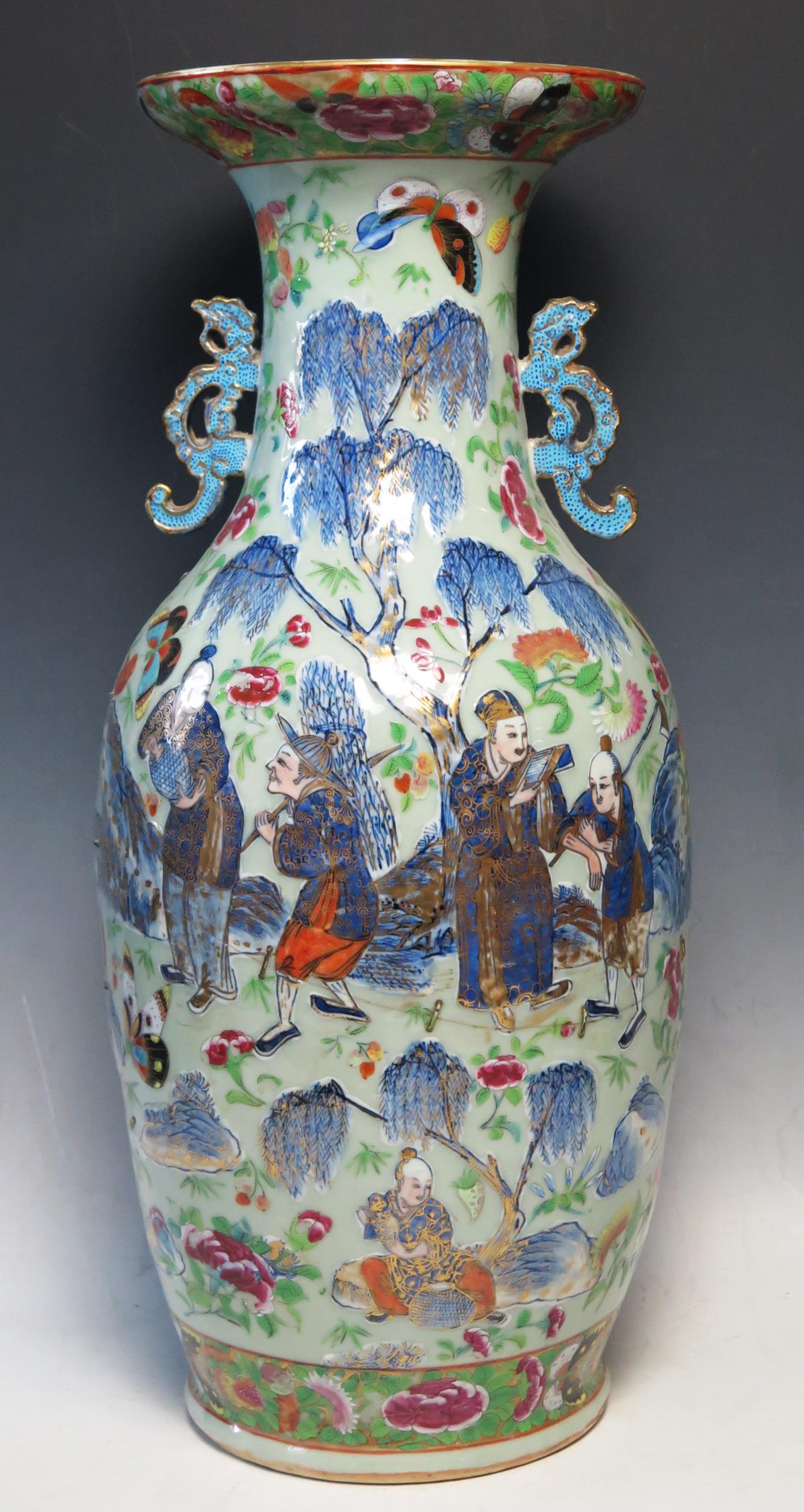 Large Chinese Famille Rose Vase, the central decoration depicts figures collecting butterflies and - Image 4 of 14