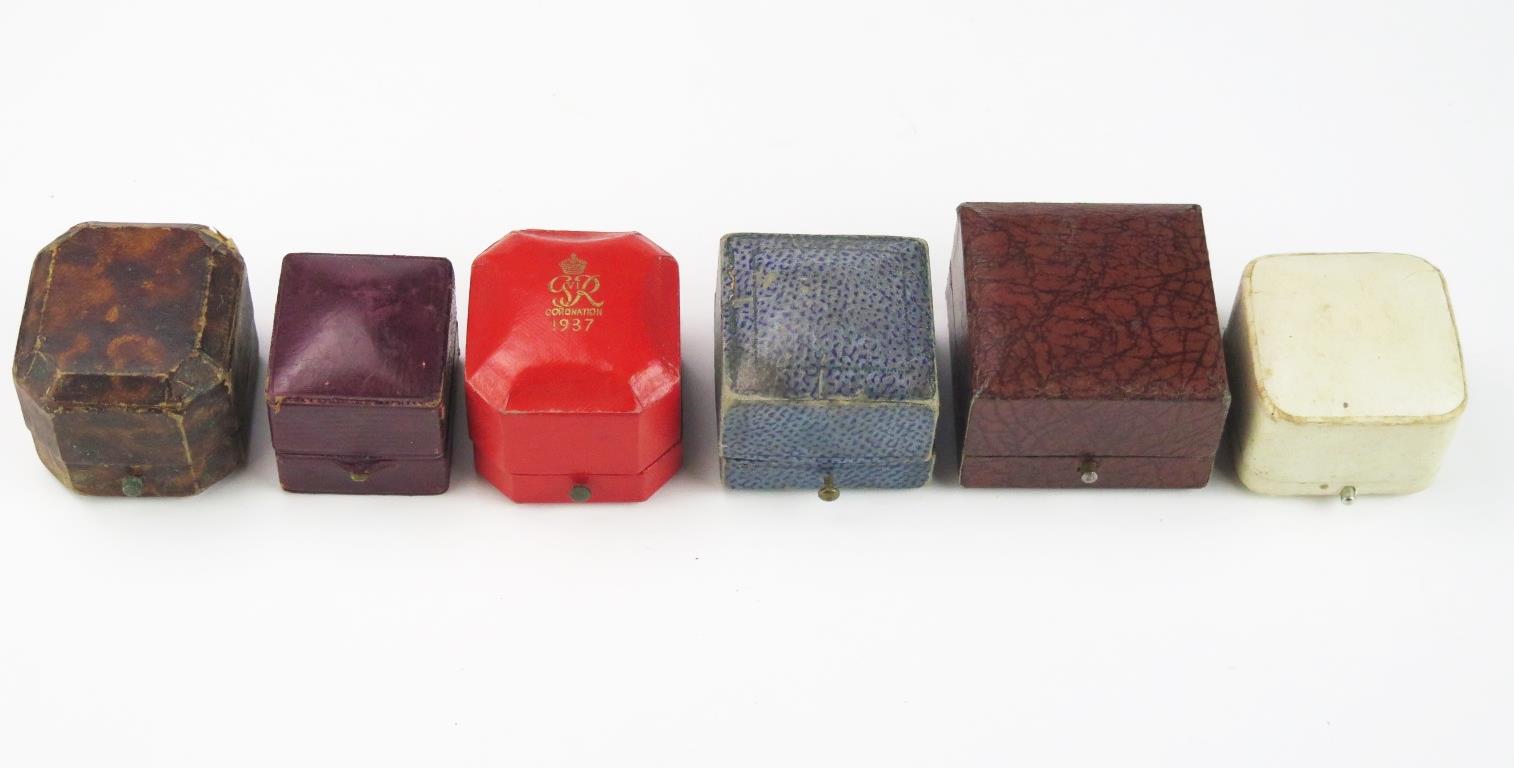 A Collection Six of Mid 20th Century Ring/ Jewellery Boxes, to include a red leather 1937 Coronation