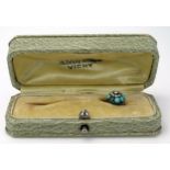 Turquoise and Pearl Stick pin in an unmarked gold setting, 12mm head, 2.5g, in a French box