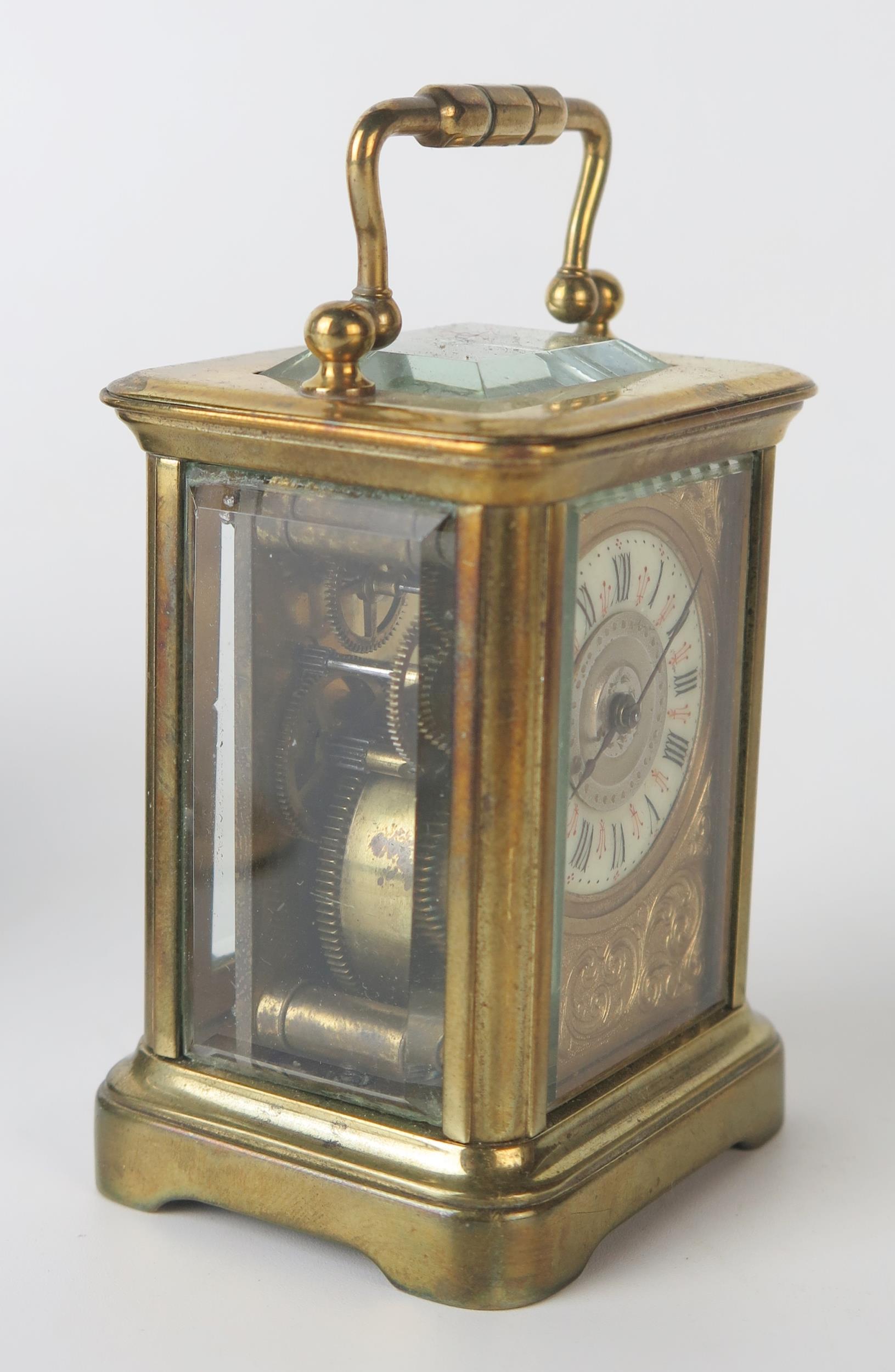 A late 19th century brass miniature carriage timepiece, with 3.25cm Arabic dial, the movement with - Image 3 of 4