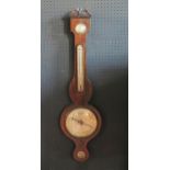 A simulated rosewood and inlaid cased wheel barometer, with broken swan neck pediment, hygrometer,