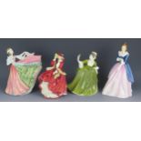 Four Royal Doulton figurines; HN3199 Maxine, HN2378 Simone, HN1834 Top o the Hill and HN3259 Ann, (