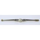 Pearl and Diamond Bar Brooch in a 15ct gold millegrain setting, 67mm, 3.5g, boxed