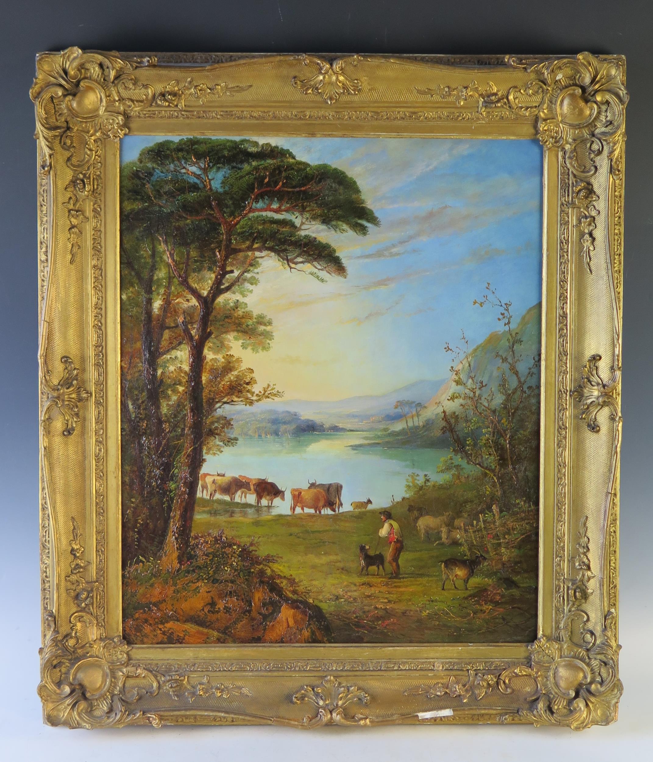 19th Century English School, Pastoral herding scene, oil on canvas, unsigned, 78x68cm including