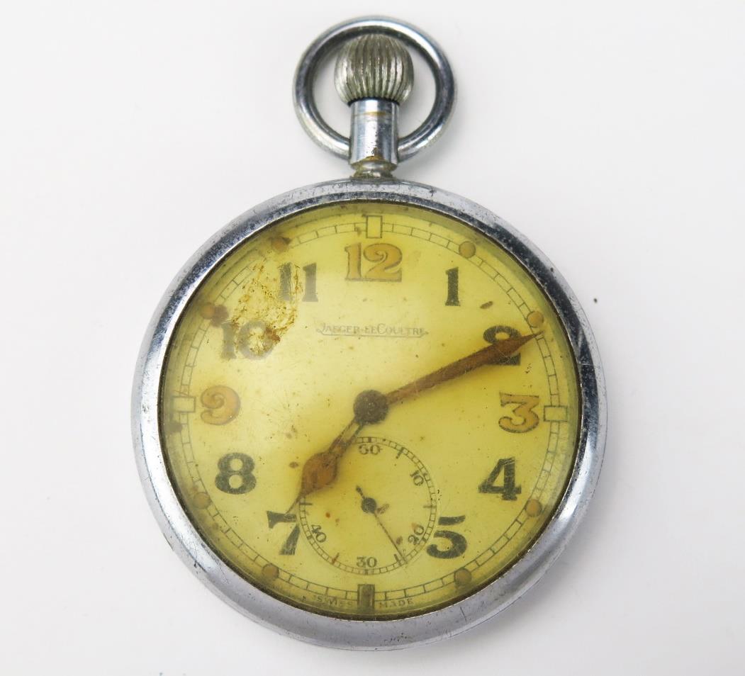 A Jaeger-LeCoultre stainless steel open faced army pocket watch, with 4.5cm Arabic dial and