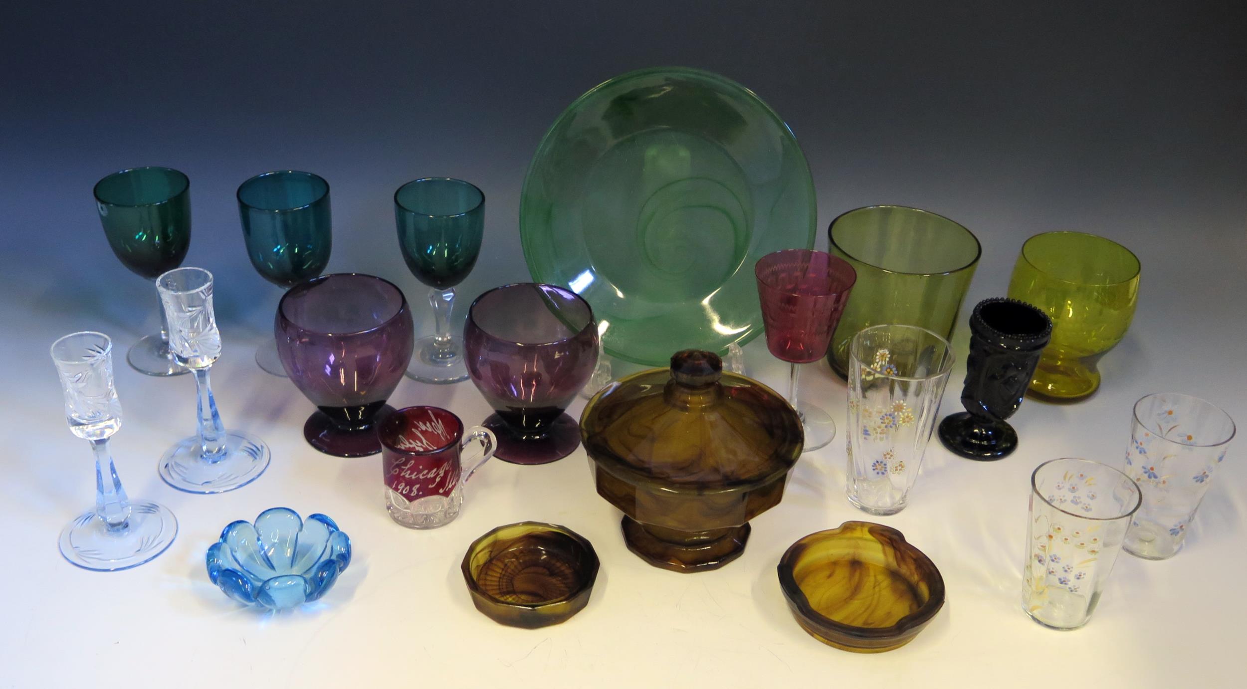 A collection of 19th century and later drinking glasses including rummers, wine glasses, tumblers,