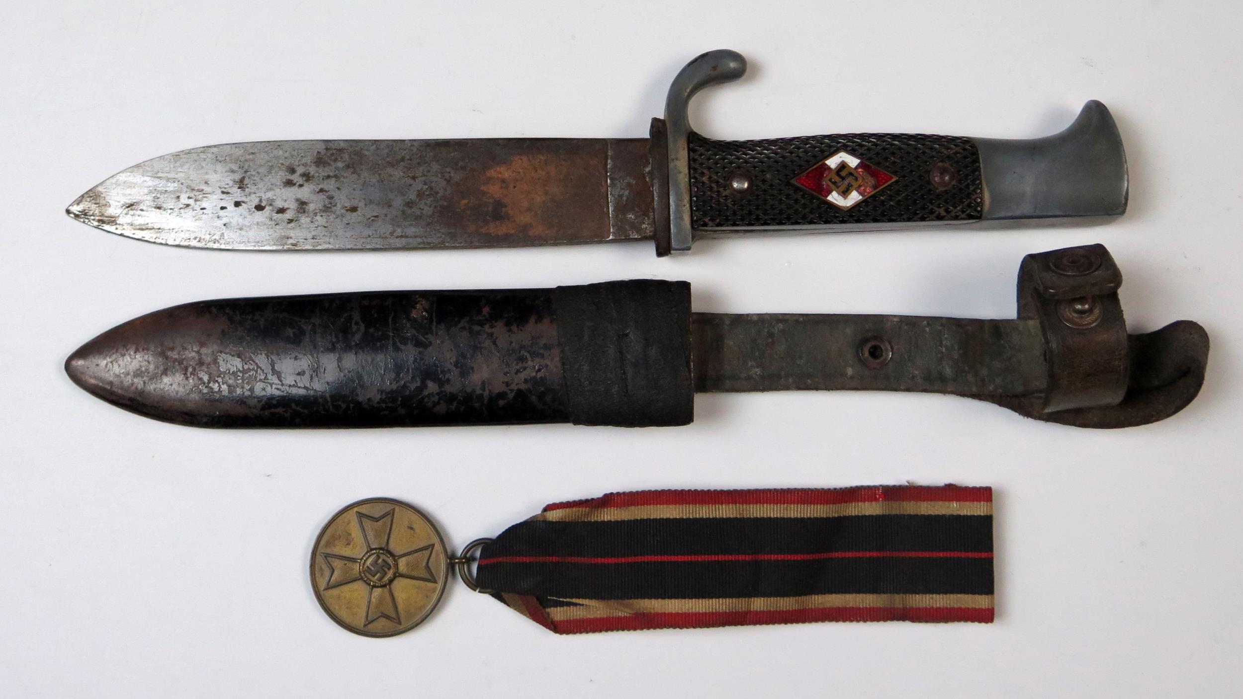 WWII German Hitler Youth Sheath Knife and War Merit Medal