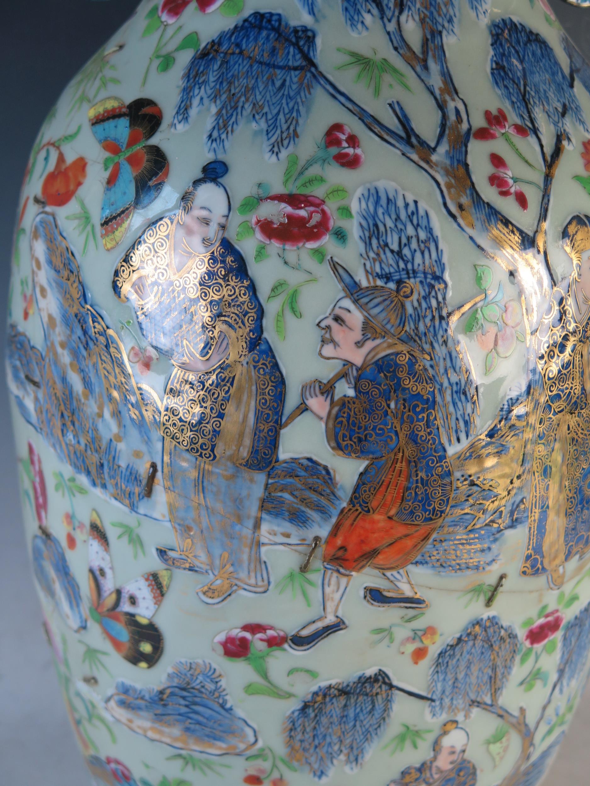Large Chinese Famille Rose Vase, the central decoration depicts figures collecting butterflies and - Image 5 of 14