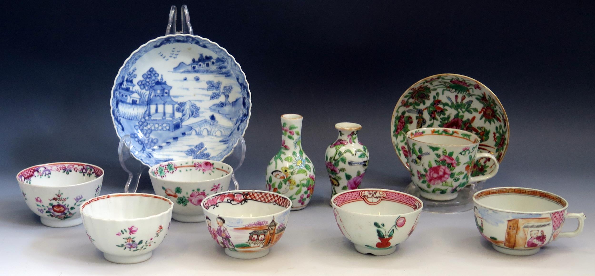 A Cantonese famille vert porcelain cup and saucer, two miniature vases 8cm and 9cm high, a blue