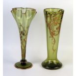 A continental green glass and gilt floral decorated vase of flared outline, 30cm high, together with