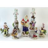 Pair of 19th Century Sitzendorf Candlesticks, fruit and flower seller, four small Dresden figures