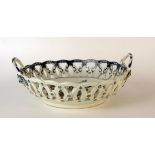 Late 18th Century Worcester Blue and White Two Handled Basket, Pine Cone pattern, of circular