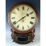 A 19th century mahogany and brass inlaid drop dial wall timepiece with 29cm painted Roman dial,