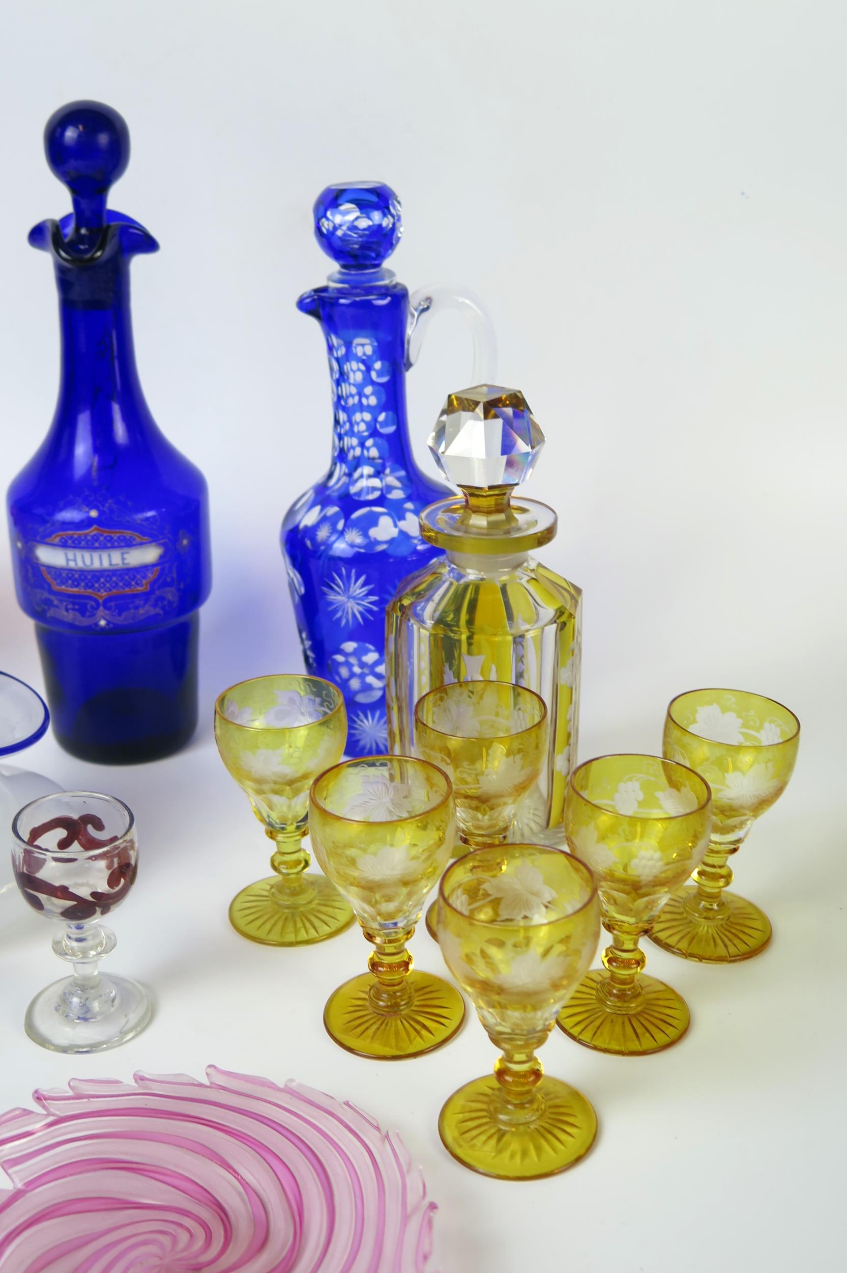 Small Collection of late 19th Century Coloured Glass including a set of six yellow overlaid liquor - Image 2 of 4