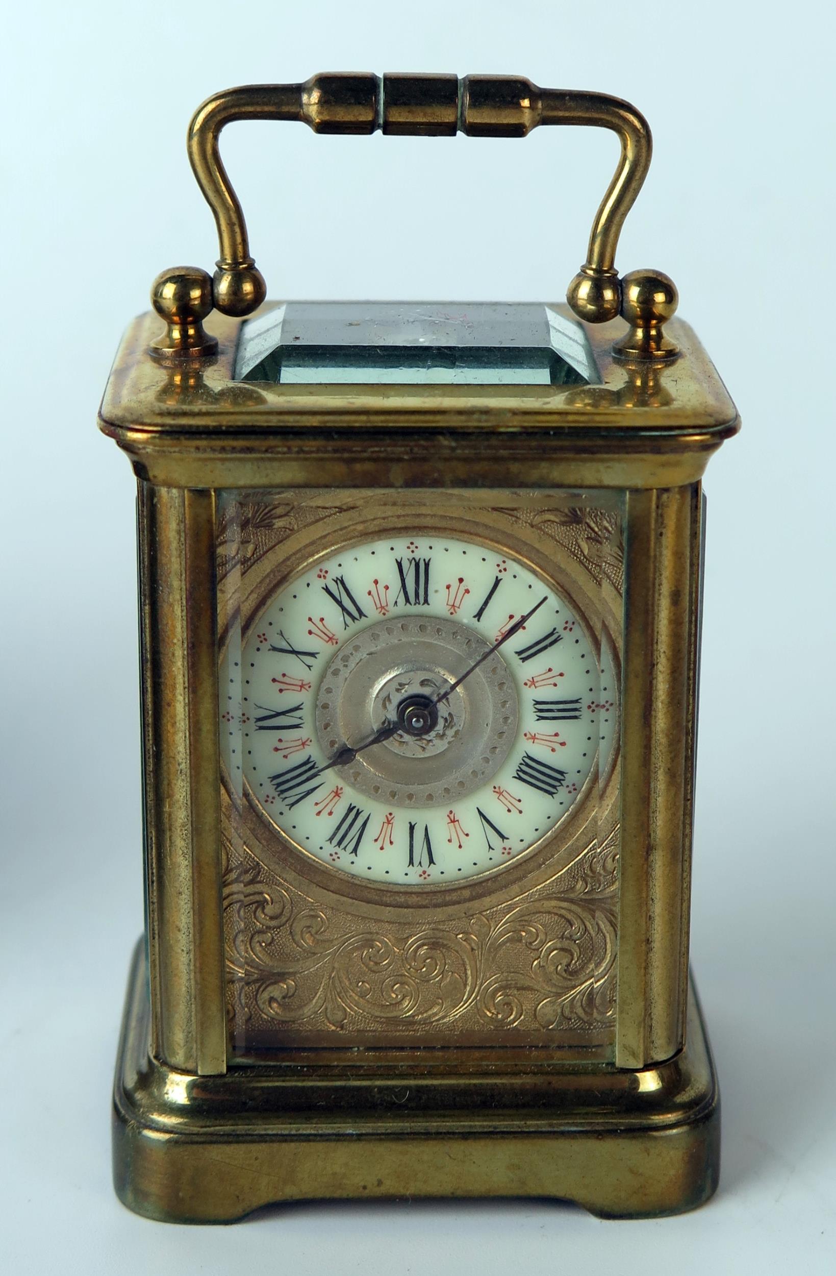 A late 19th century brass miniature carriage timepiece, with 3.25cm Arabic dial, the movement with - Image 2 of 4