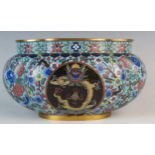 Chinese Cloisonné Jardinière, of oval lobed form, the central panel decorated with a yellow dragon