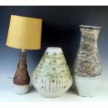 A Studio Pottery vase possibly Bill Genge, together with a similar tall vase and lamp base, (3).