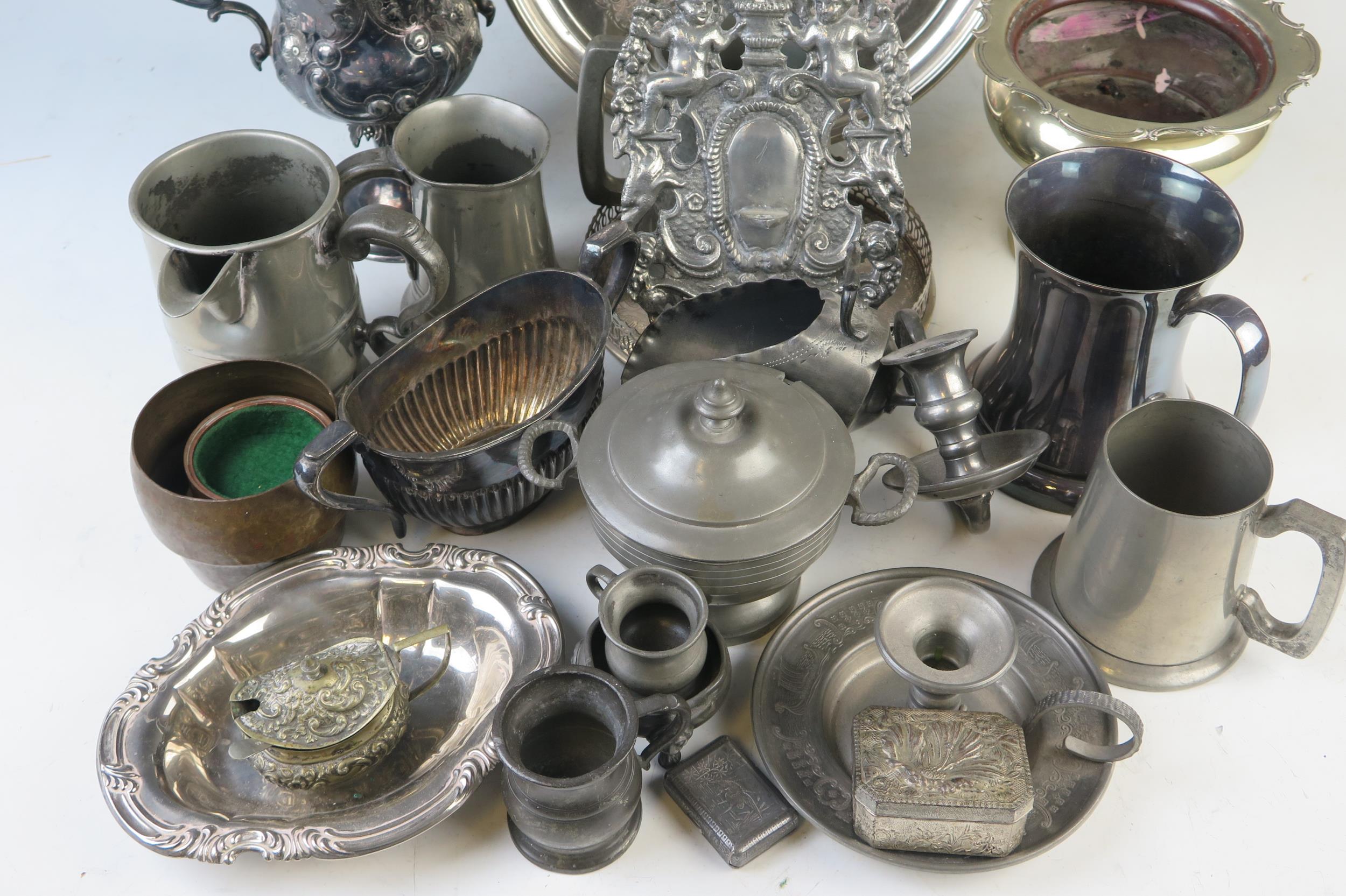 A collection of assorted plated and pewter wares including; trophy cup, salver, sugar basin, mugs - Image 2 of 3