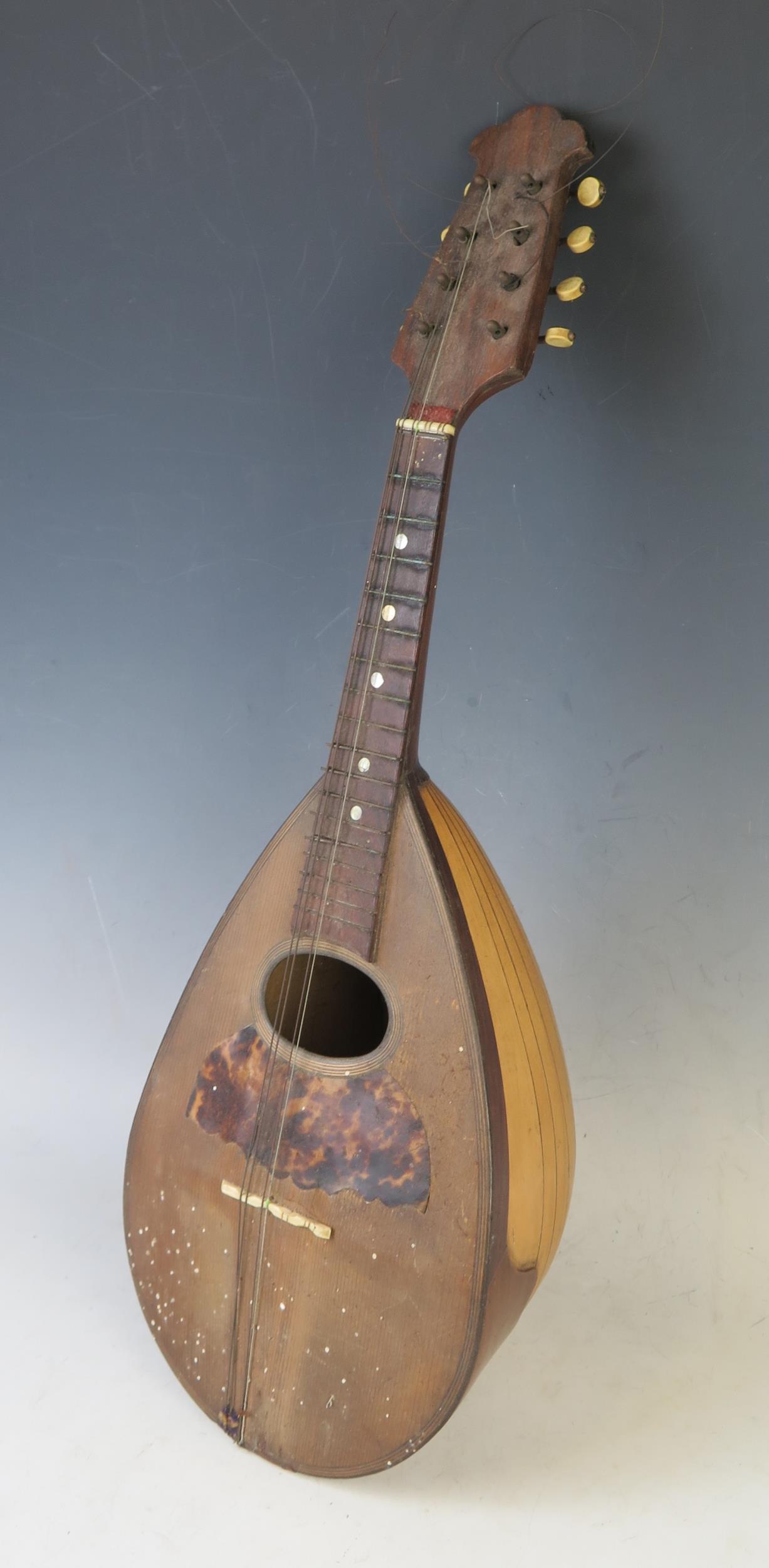 A continental eight string mandolin with inlaid tortoiseshell decoration, overall length 61cm. - Image 2 of 2