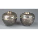 A pair of Japanese Konoike silver jars and covers, initialled, of ovoid form, stamped to the