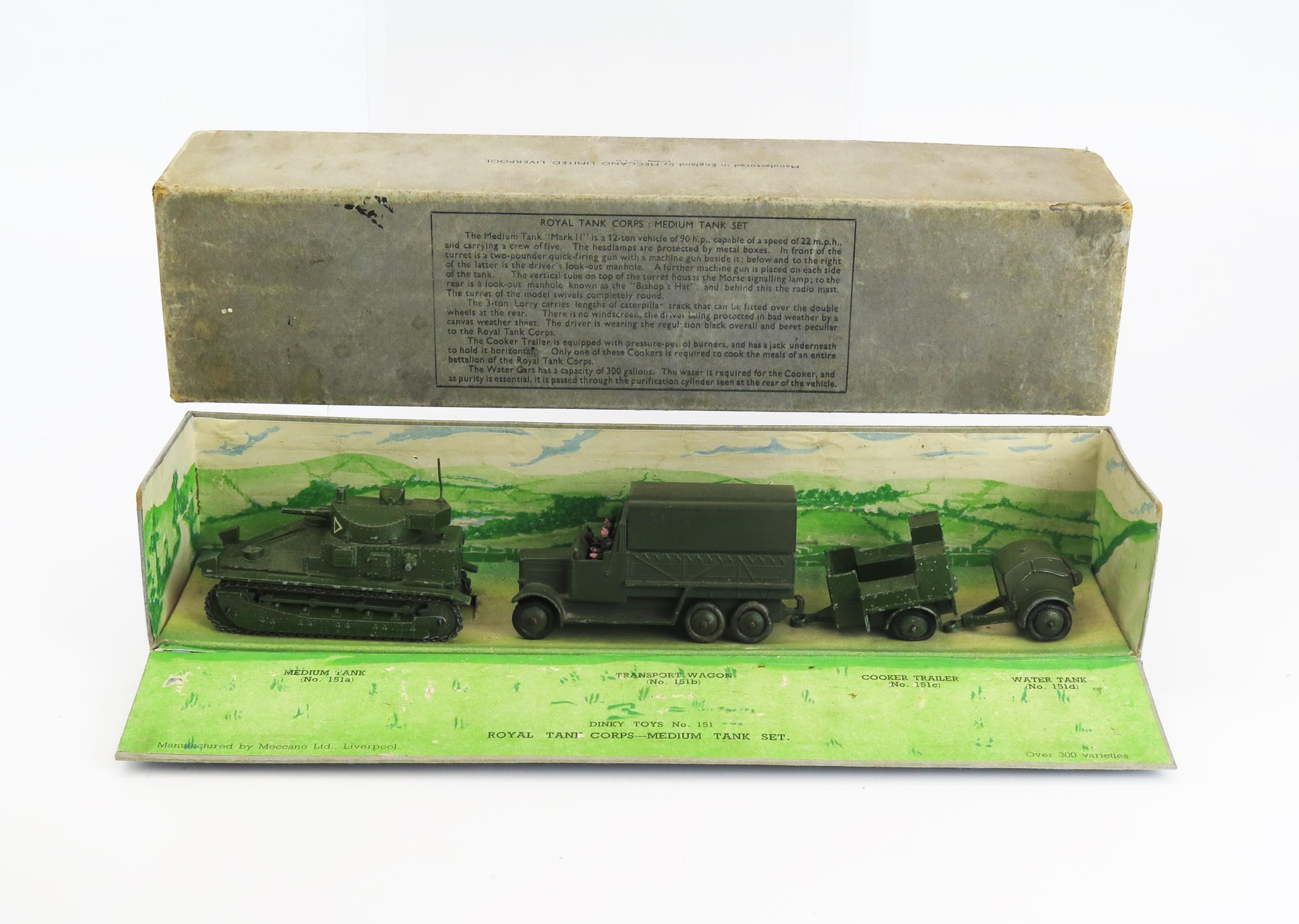 Dinky Pre-War 151 Medium Tank Set to include 151a Medium Tank, 151b 6 Wheeled Covered Wagon, 151c