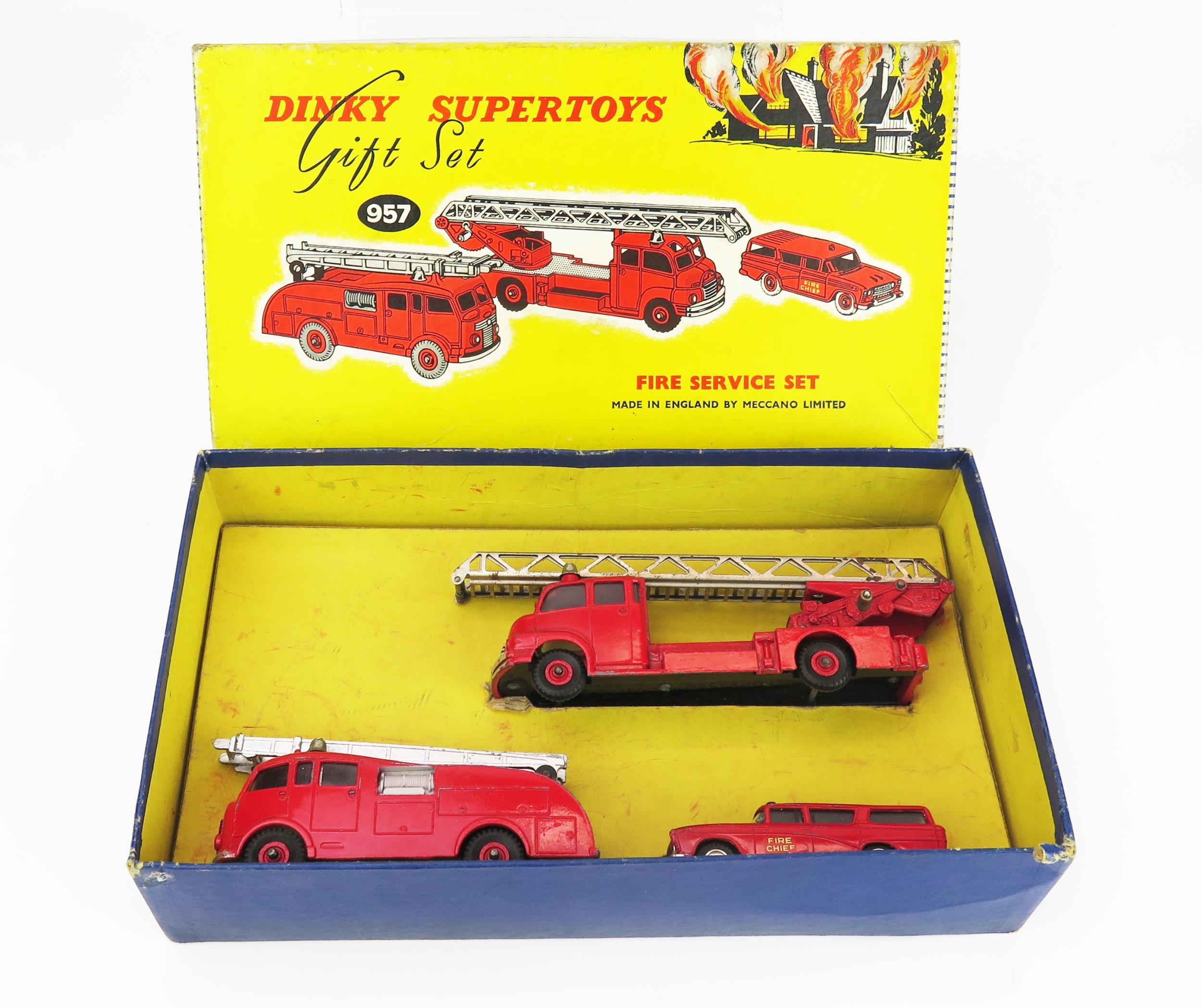 Dinky 957 Fire Service Set with 257 Nash Rambler Canadian Fire Chief, 955 Commer Fire Engine and 956